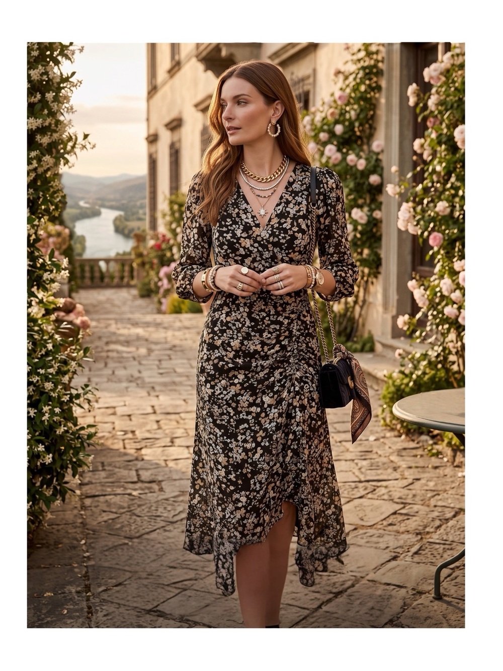 HTF: Shoshanna ✿ Auden V-Neck Puff Sleeve Midi Dress ✿ Jet Teal + Sand Print ✿ 4